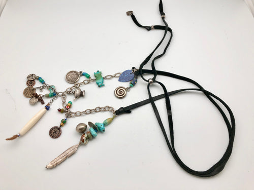 Peyote Bird Protection and Strength Necklace with Fetish and Silver Charms