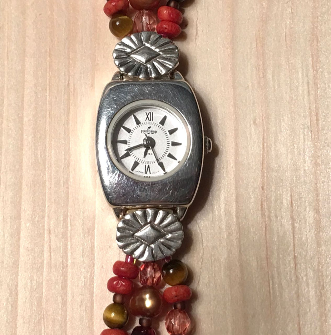Peyote Bird Silver Watch on Coral and Pearl Bead Bracelet