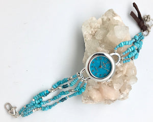 Peyote Bird Turquoise Face Watch with Turquoise and Silver Bracelet Band