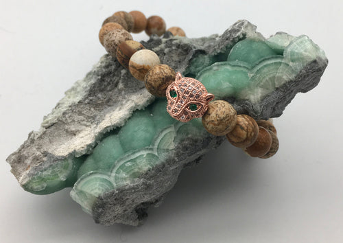 Picture Jasper Harmony and Grounding Mala Bracelet with Rose Gold Leopard Charm