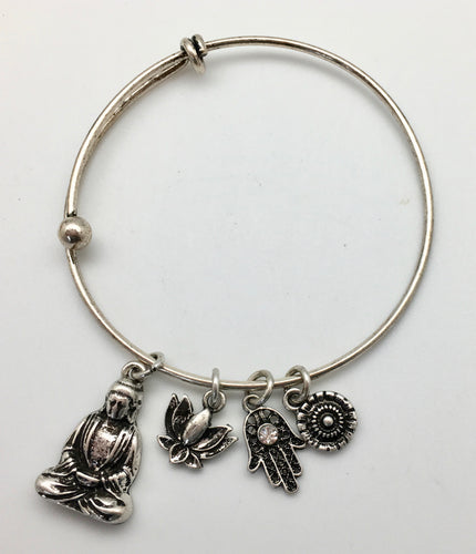 Spiritual Charm Bangle Bracelet - Buddha, Hamsa and Lotus