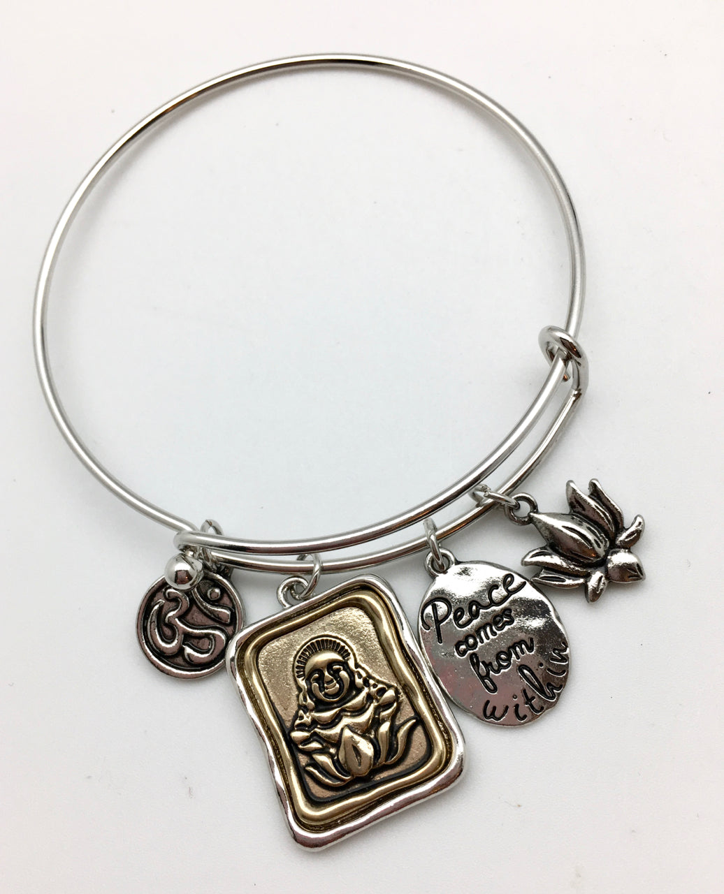 Peace Comes From Within Bangle Bracelet with Buddha and Om Charms