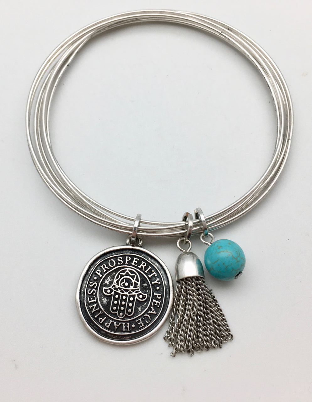 Happiness Hamsa and Peace Silver Charm Bangle Bracelet