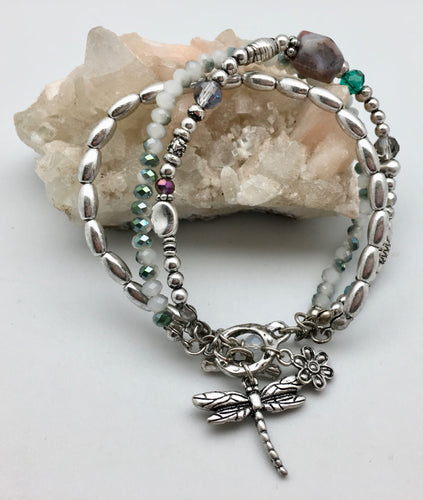 New Beginnings Dragonfly Charm Beaded Triple Bracelet