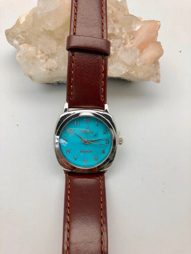 Peyote Bird Turquoise Face Watch with Brown Leather Band