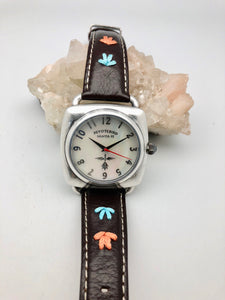 Peyote Bird Abalone Face Watch with Brown Overstitched Leather Band