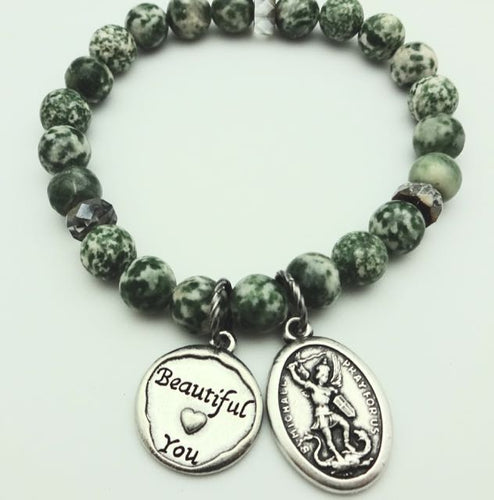 African Turquoise Bead Mala Bracelet with Saint Michael Protection Charm