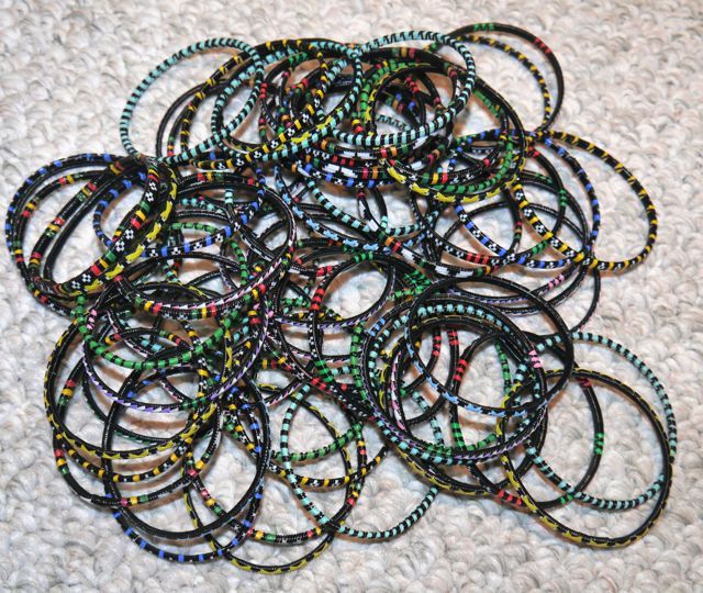 Woven Recycled Plastic Bracelets - Black, White, & Green from Mali