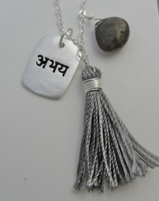 Fearlessness Sanskrit Affirmation Pendant Necklace with Semi-Precious Drop and Tassel