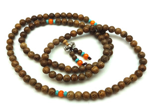 Striped Coconut Wood  and Amber 108 Bead Mala Necklace